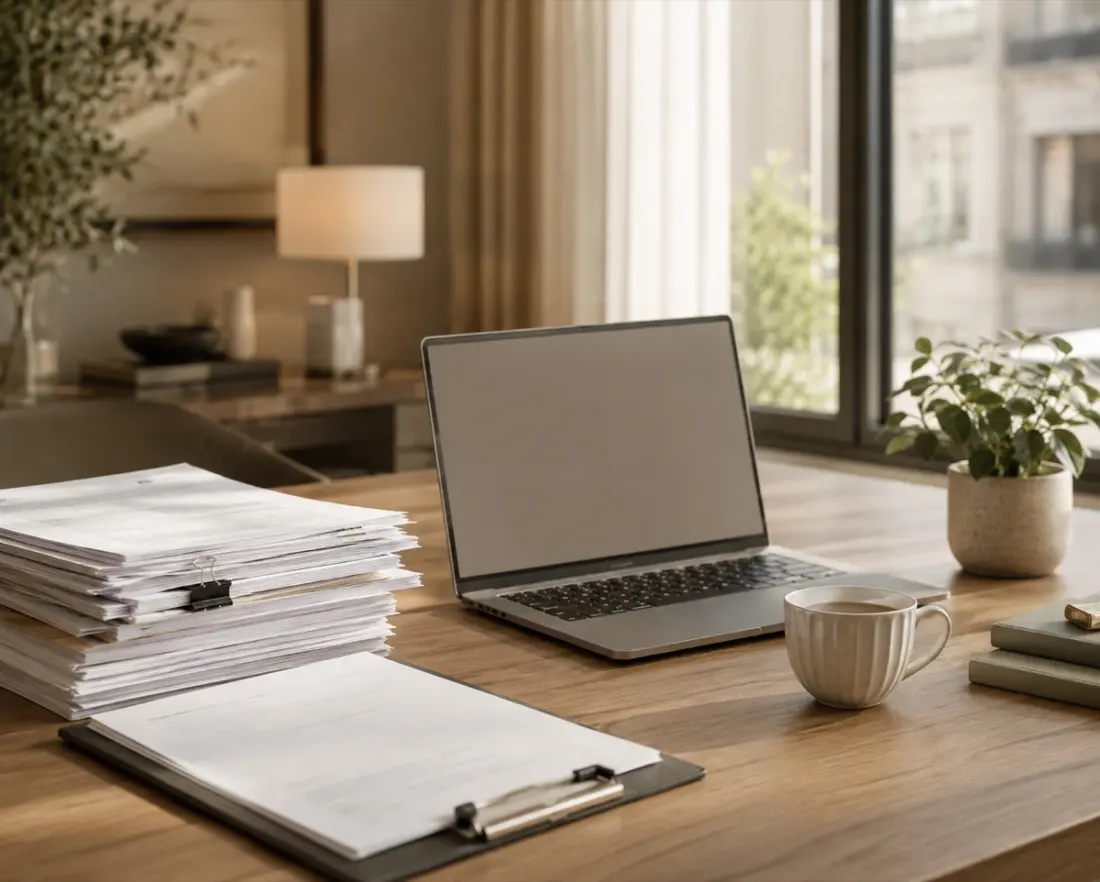A hotel back-office desk with invoices being reviewed before payment